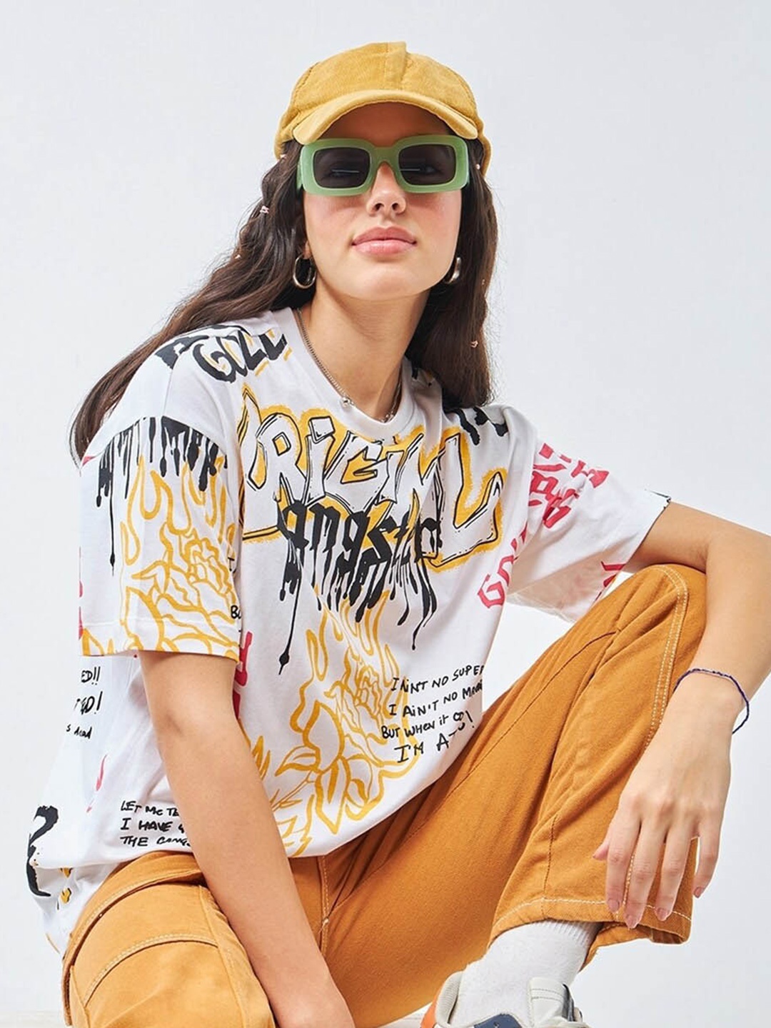 

Bewakoof White Typography Printed Drop Shoulder Sleeves Pure Cotton Oversized T-shirt