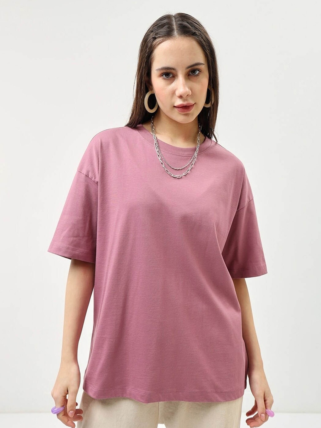 

Bewakoof Purple Pure Cotton Drop Shoulder Sleeves Oversized T-shirt