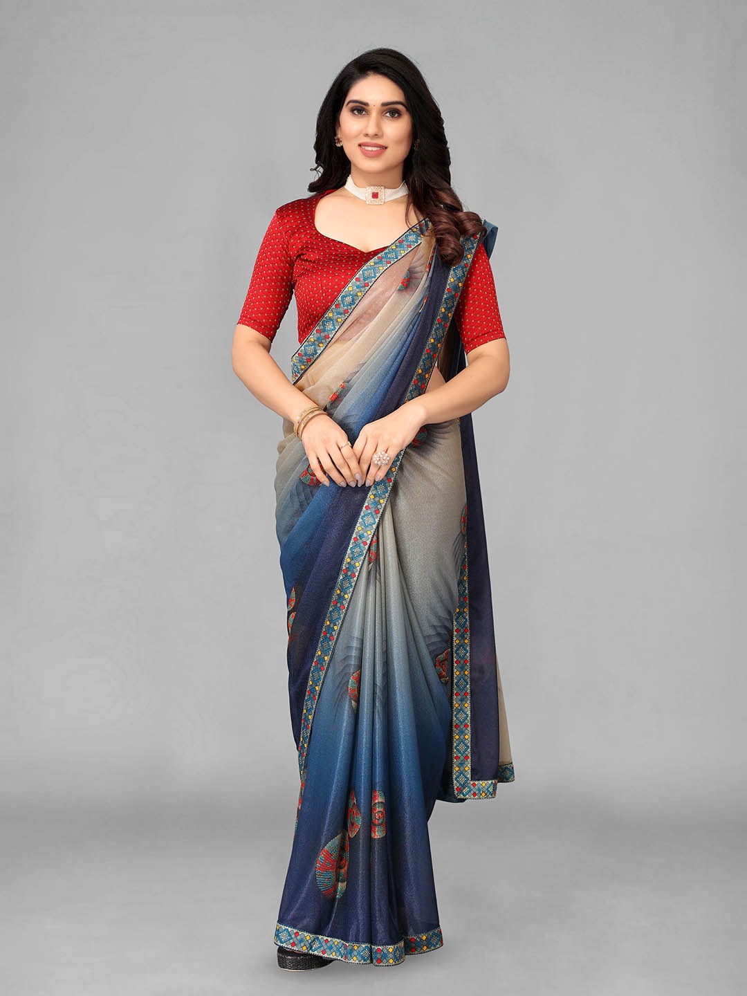 

ISHA TRADE Ethnic Motifs Printed Zari Saree, Blue