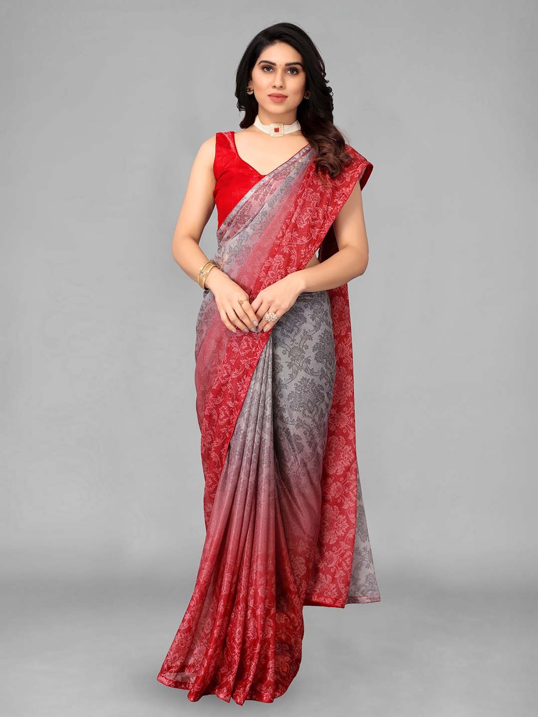 

ISHA TRADE Floral Printed Saree, Red