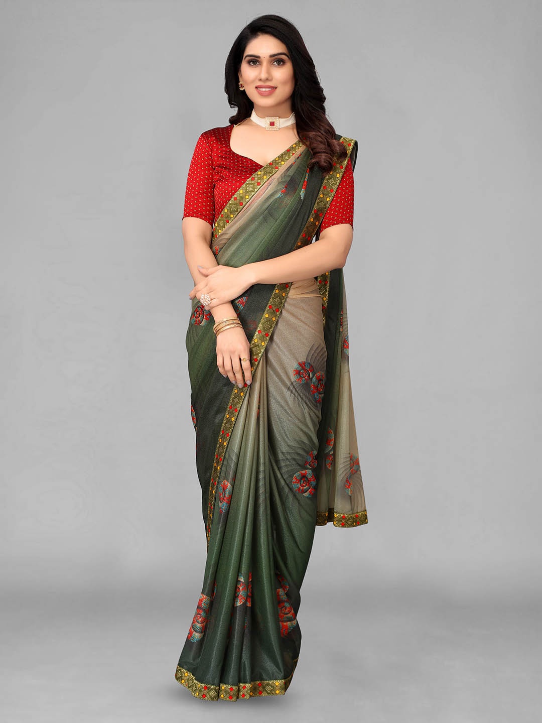 

ISHA TRADE Ethnic Motifs Printed Saree, Green