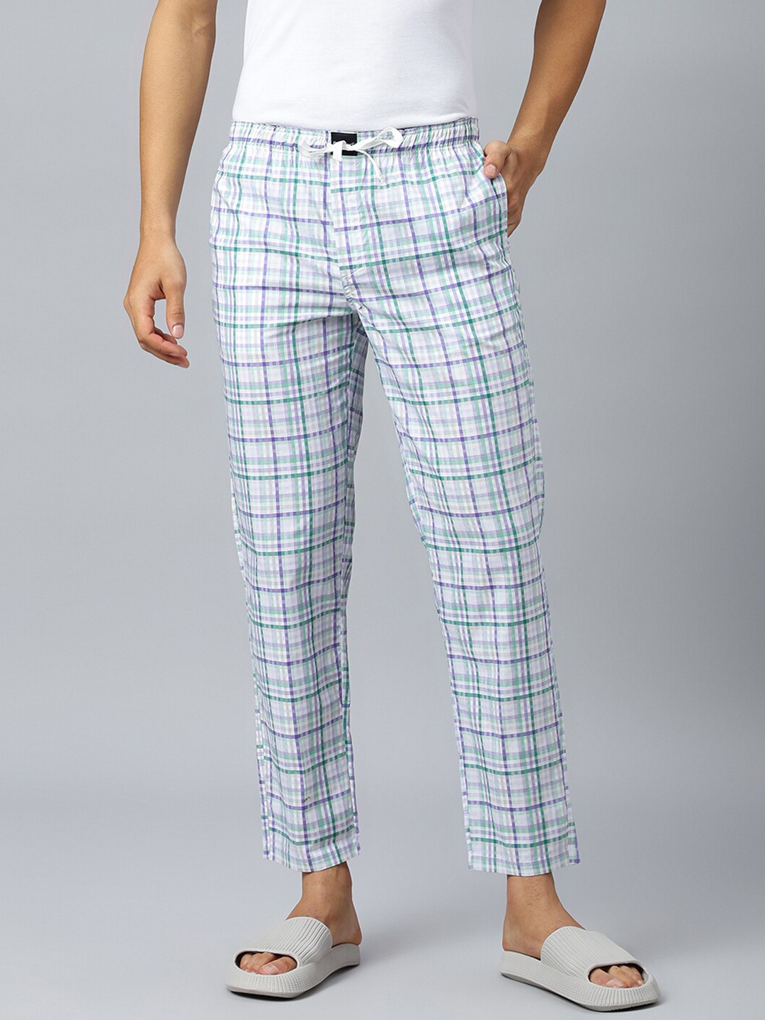 

DON VINO Men Mid-Rise Checked Cotton Lounge Pant, White