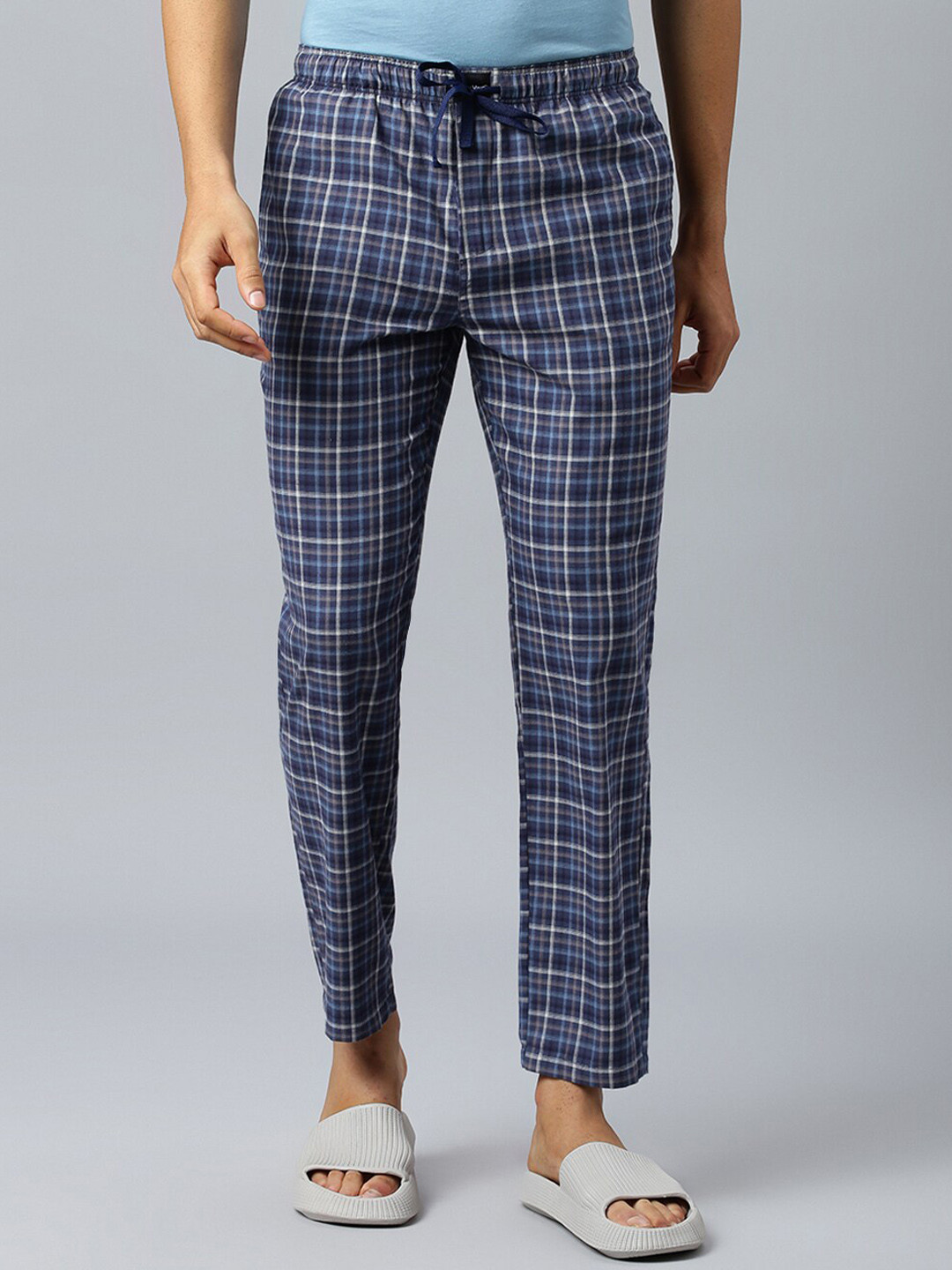 

DON VINO Men Mid-Rise Checked Cotton Lounge Pant, Navy blue