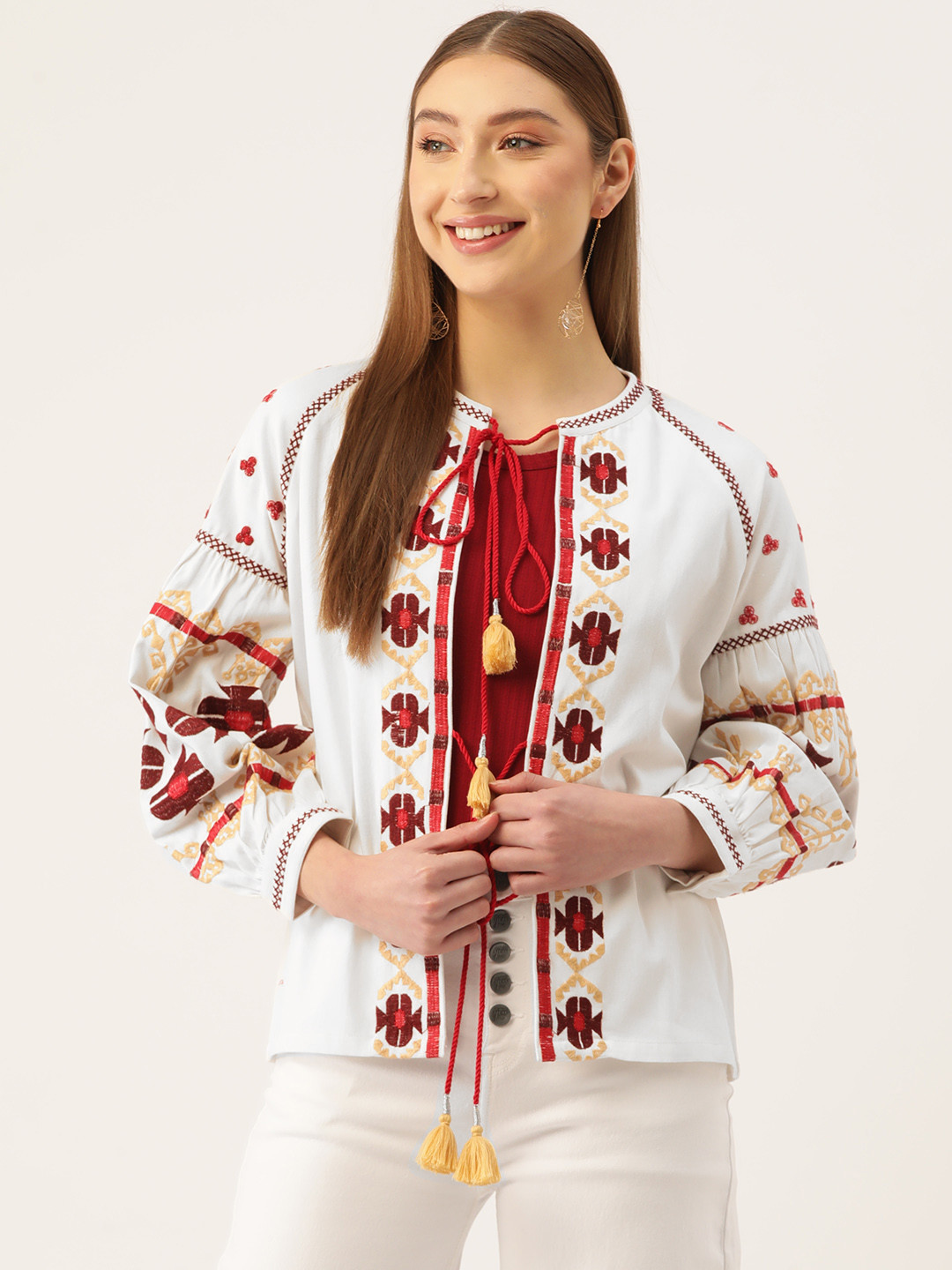 

Jaipur Morni Geometric Lightweight Pure Cotton Tailored Jacket with Embroidered Detail, White