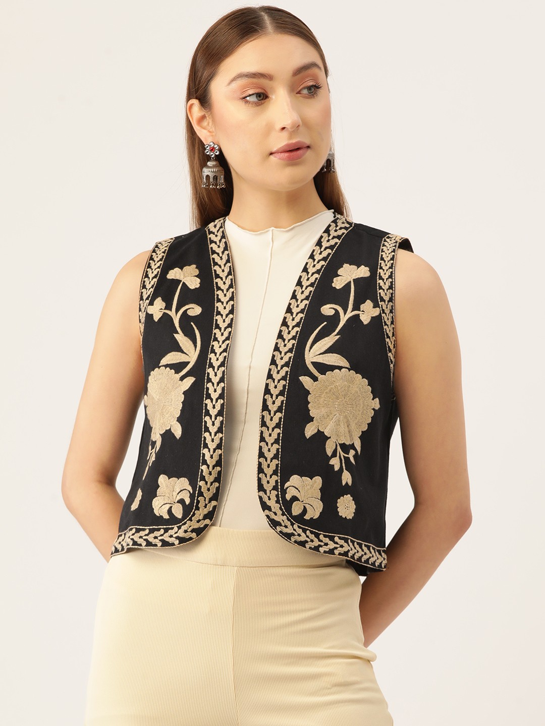 

Jaipur Morni Floral Lightweight Crop Pure Cotton Open Front Jacket with Embroidered Detail, Black