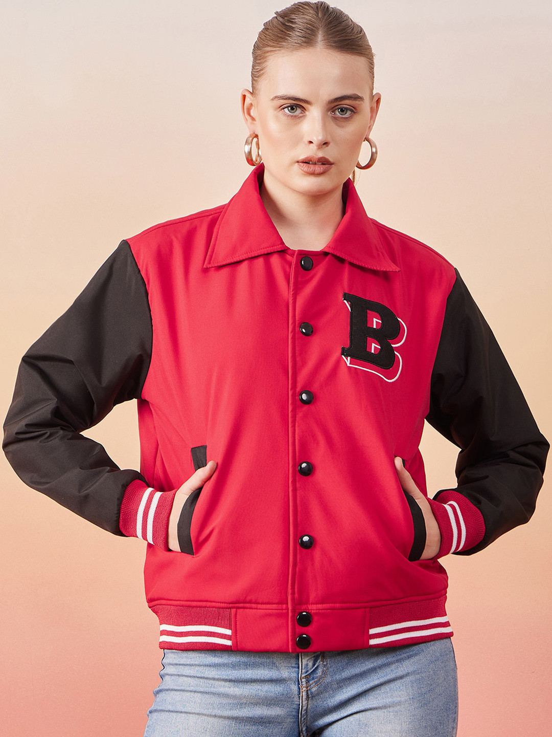 

BUY NEW TREND Colourblocked Lightweight Spread Collar Long Sleeves Varsity Jacket, Red