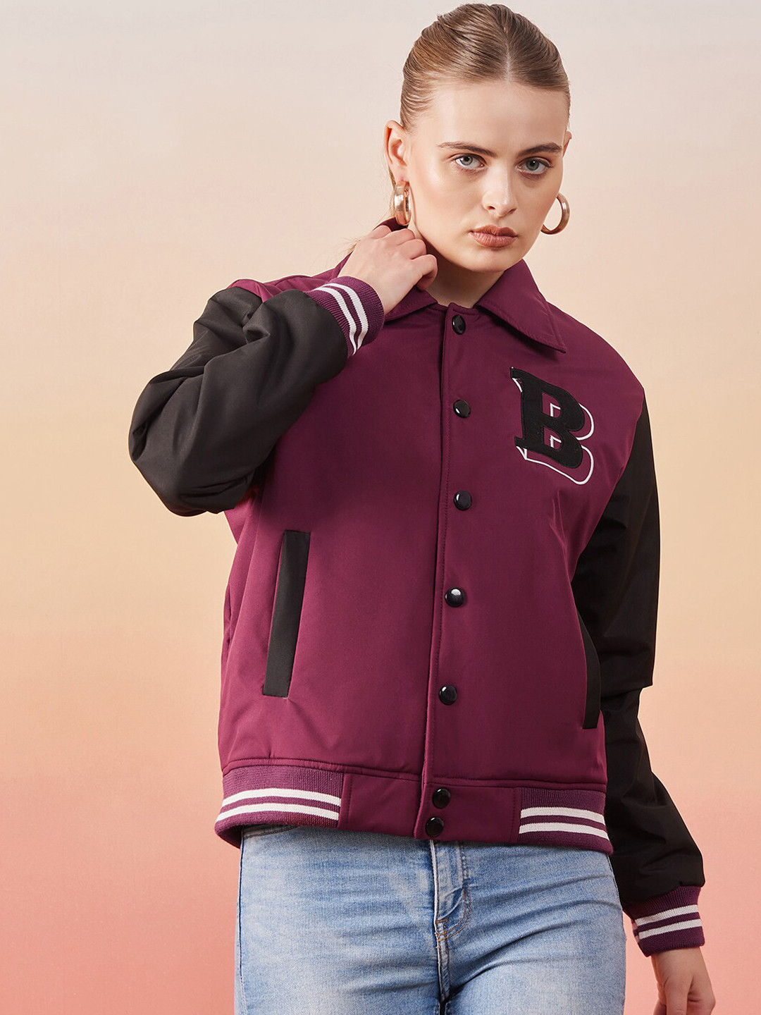 

BUY NEW TREND Colourblocked Lightweight Spread Collar Long Sleeves Varsity Jacket, Maroon