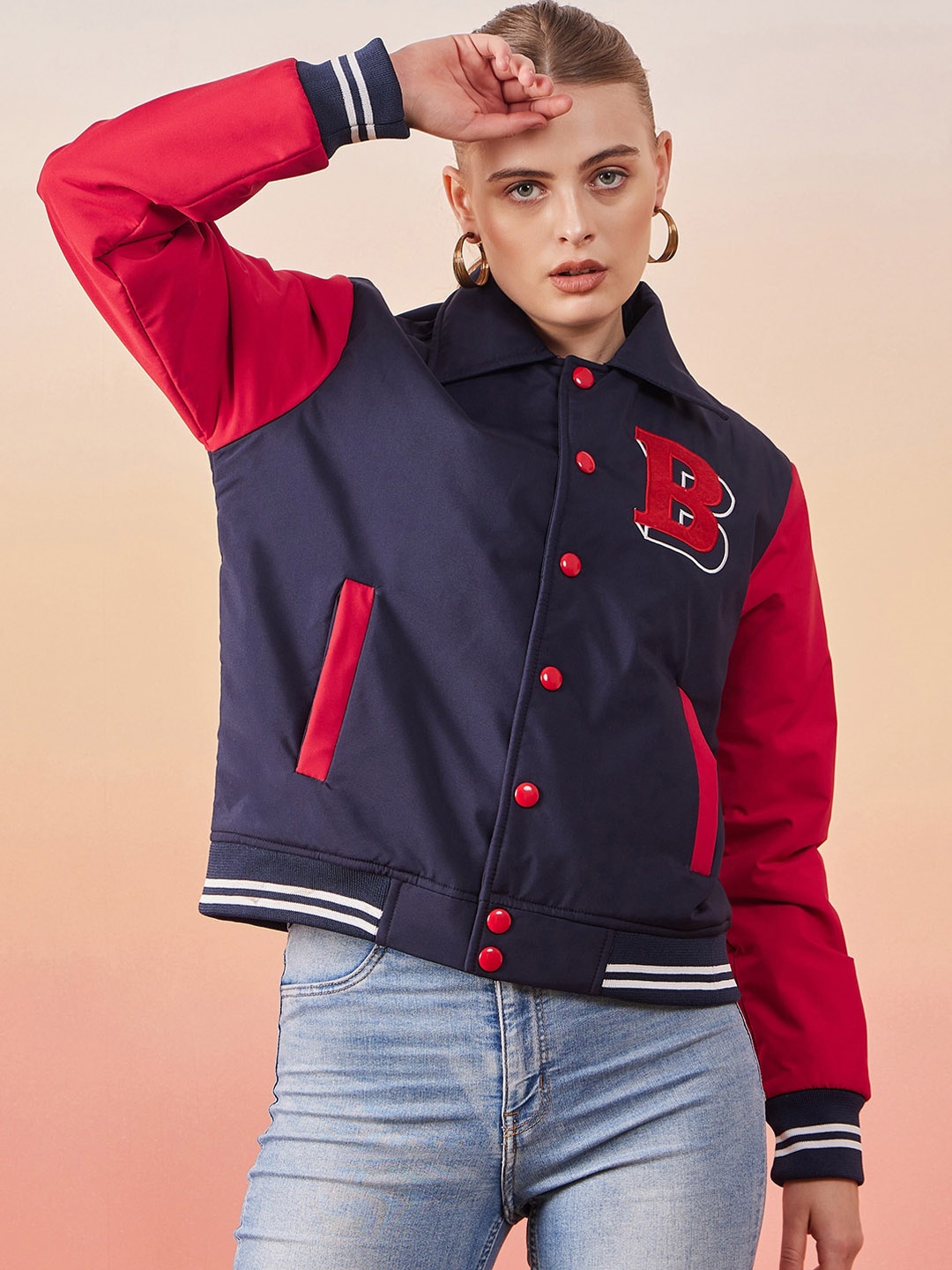 

BUY NEW TREND Colourblocked Lightweight Spread Collar Long Sleeves Varsity Jacket, Navy blue