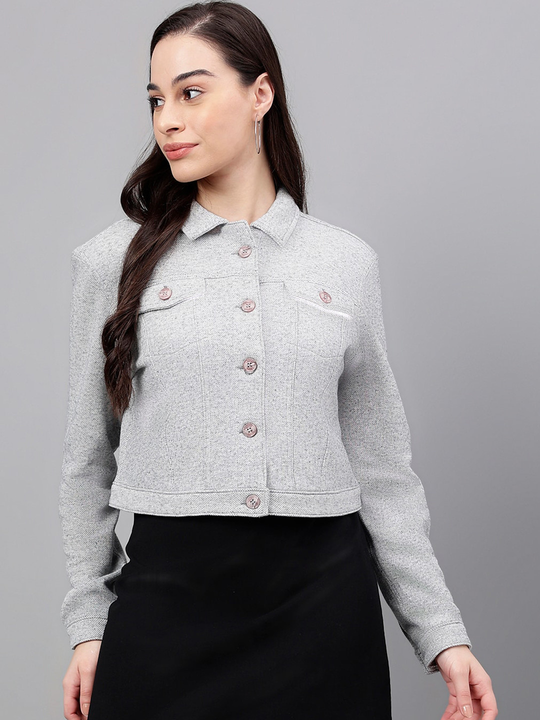 

Xpose Self Design Spread Collar Long Sleeves Cotton Crop Tailored Jacket, Grey