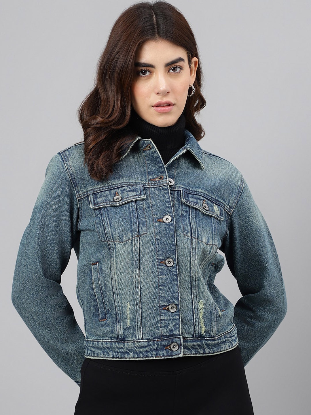 

Xpose Spread Collar Long Sleeves Cotton Crop Denim Jacket, Blue