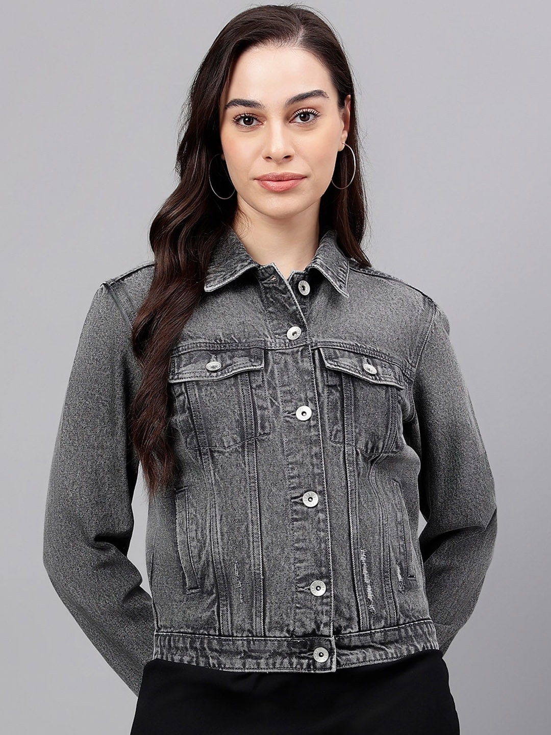 

Xpose Spread Collar Pure Cotton Denim Jacket, Grey