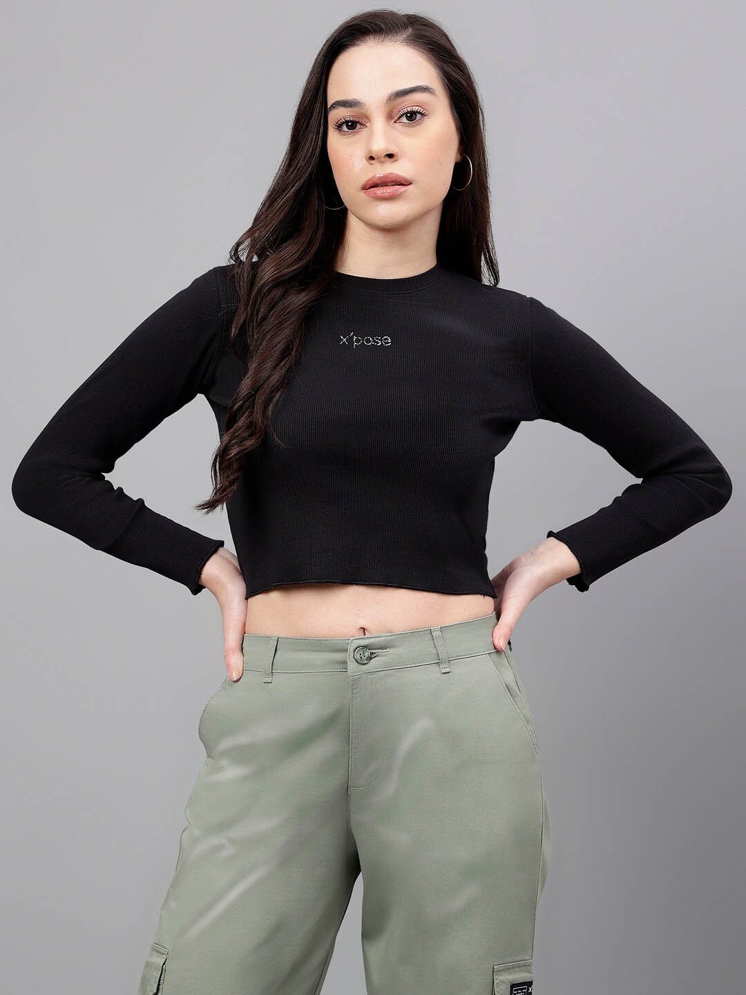 

Xpose Round Neck Ribbed Crop Fitted Top, Black