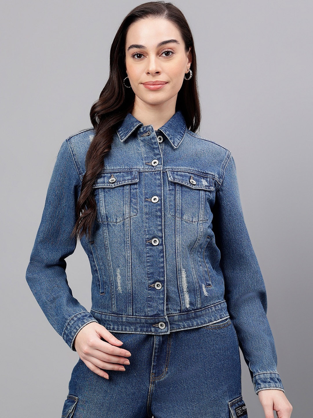 

Xpose Washed Spread Collar Crop Pure Cotton Denim Jacket, Blue