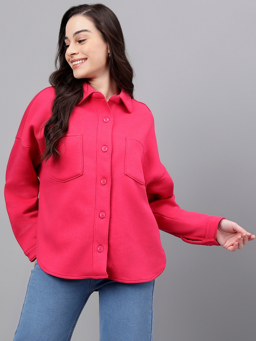 

Xpose Comfort Spread Collar Casual Fleece Shacket, Fuchsia