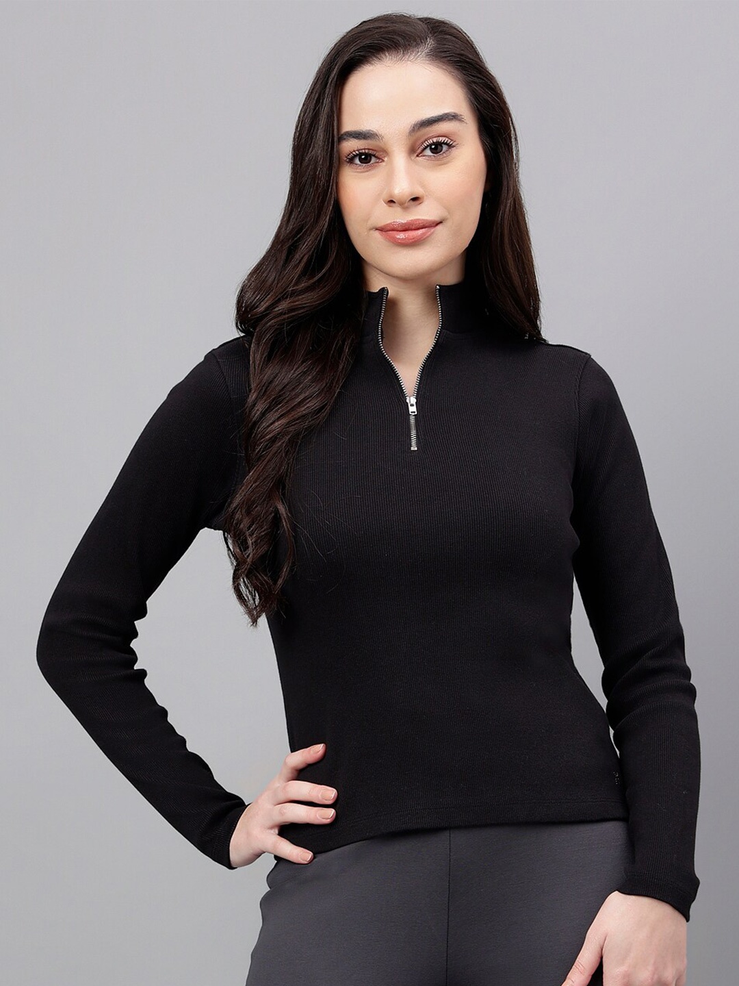 

Xpose Mock Collar Ribbed Half Zipper Fitted Top, Black
