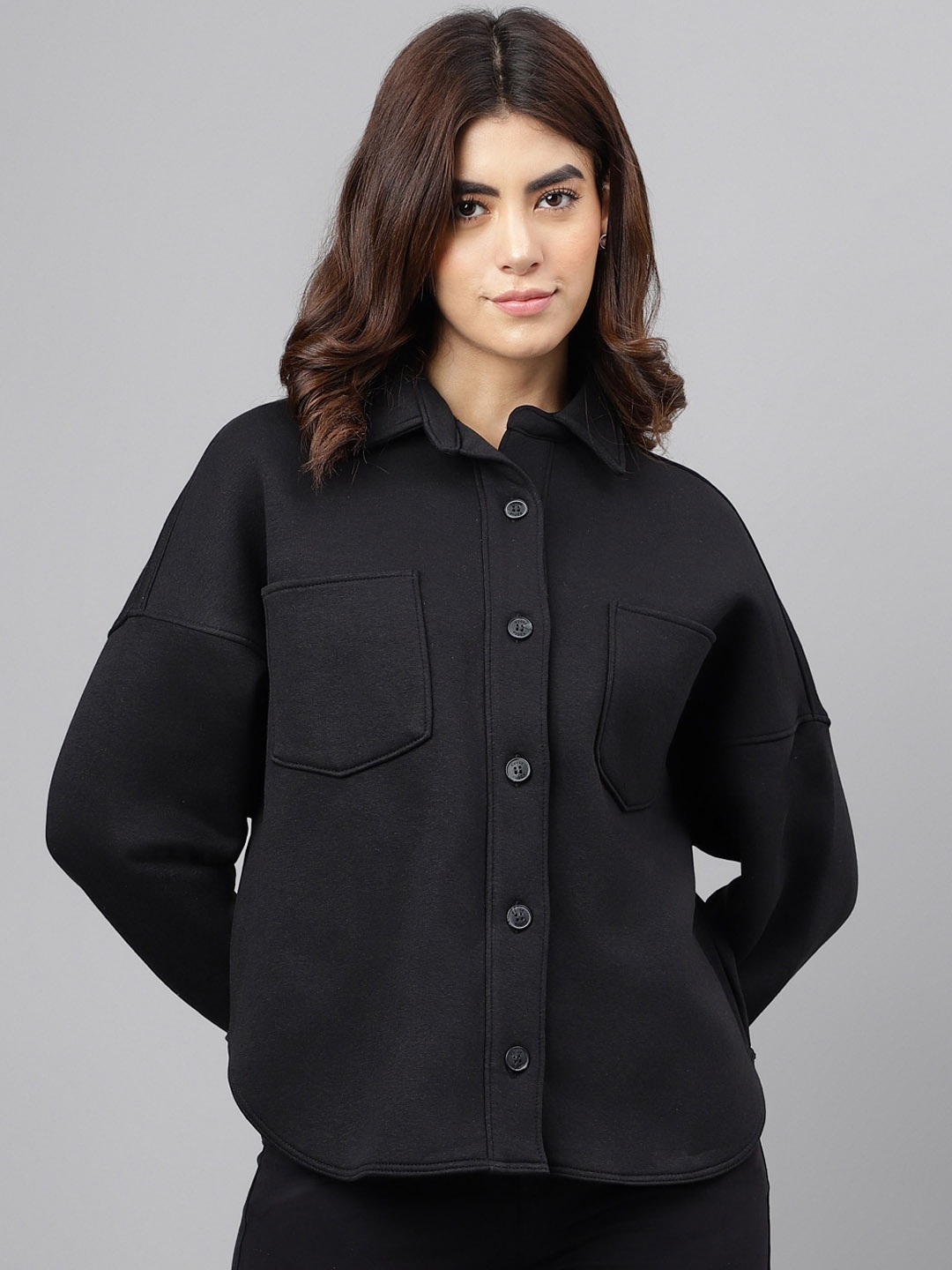 

Xpose Comfort Spread Collar Casual Fleece Shacket, Black