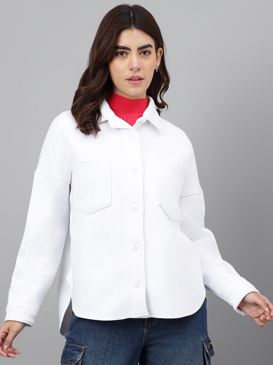 

Xpose Comfort Spread Collar Long Sleeves Fleece Shacket, White