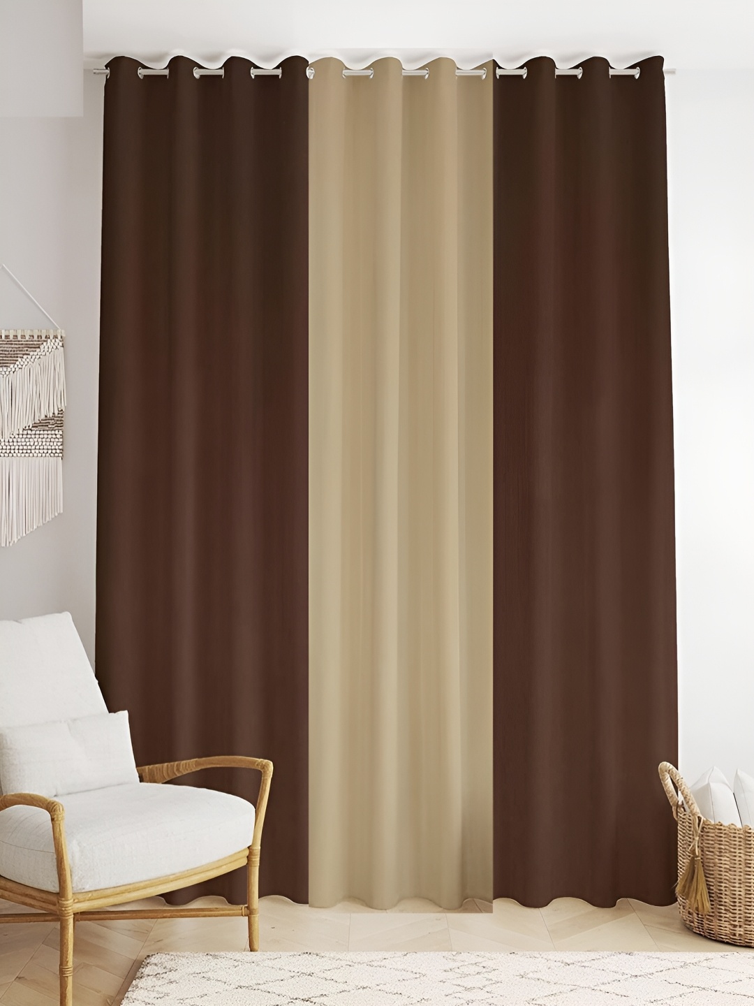 

stuffique Brown & Beige 3 pieces Black Out Window Curtain