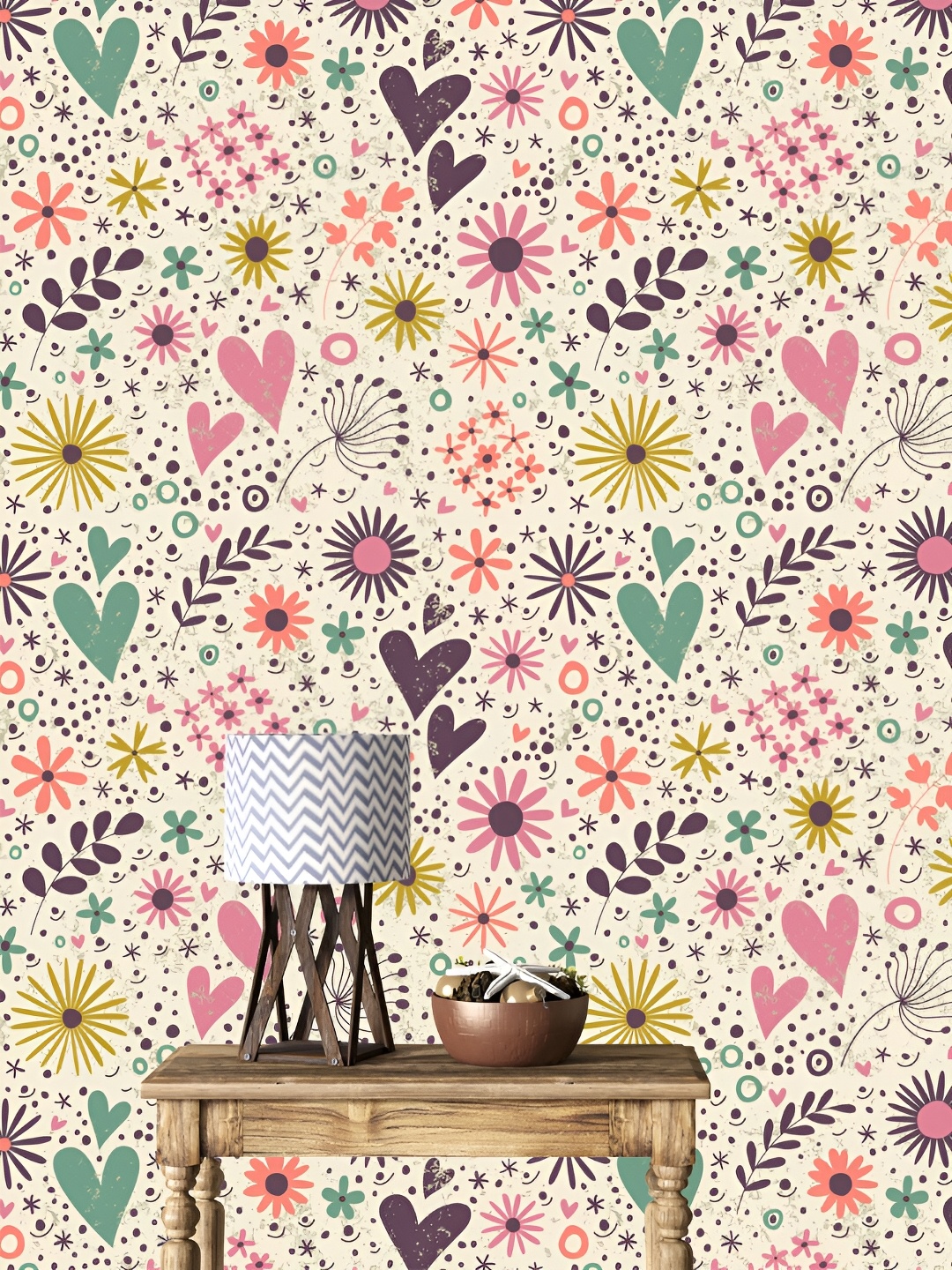 

DWELLSINDIA Cream & Pink Heart & Flower Printed Self Adhesive Waterproof Wallpaper