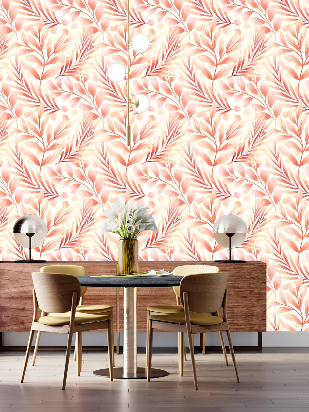 

DWELLSINDIA White & Red Leaf Printed Self Adhesive Waterproof Laminated Wallpaper