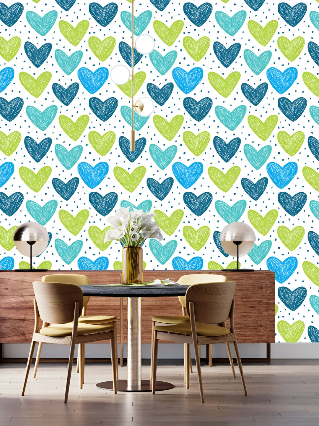 

DWELLSINDIA Green & Blue Heart Pattern Self Adhesive Waterproof Removable Wallpaper