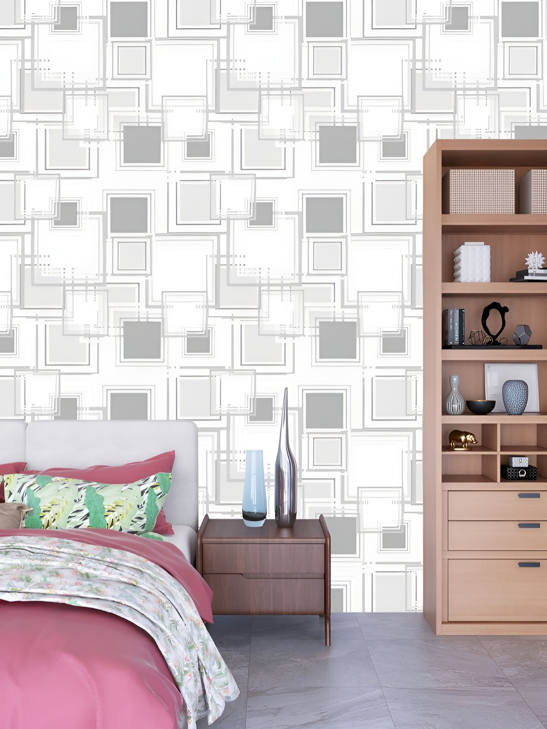 

DWELLSINDIA White & Grey Boxes-Printed Self-Adhesive Waterproof Laminated Wallpaper