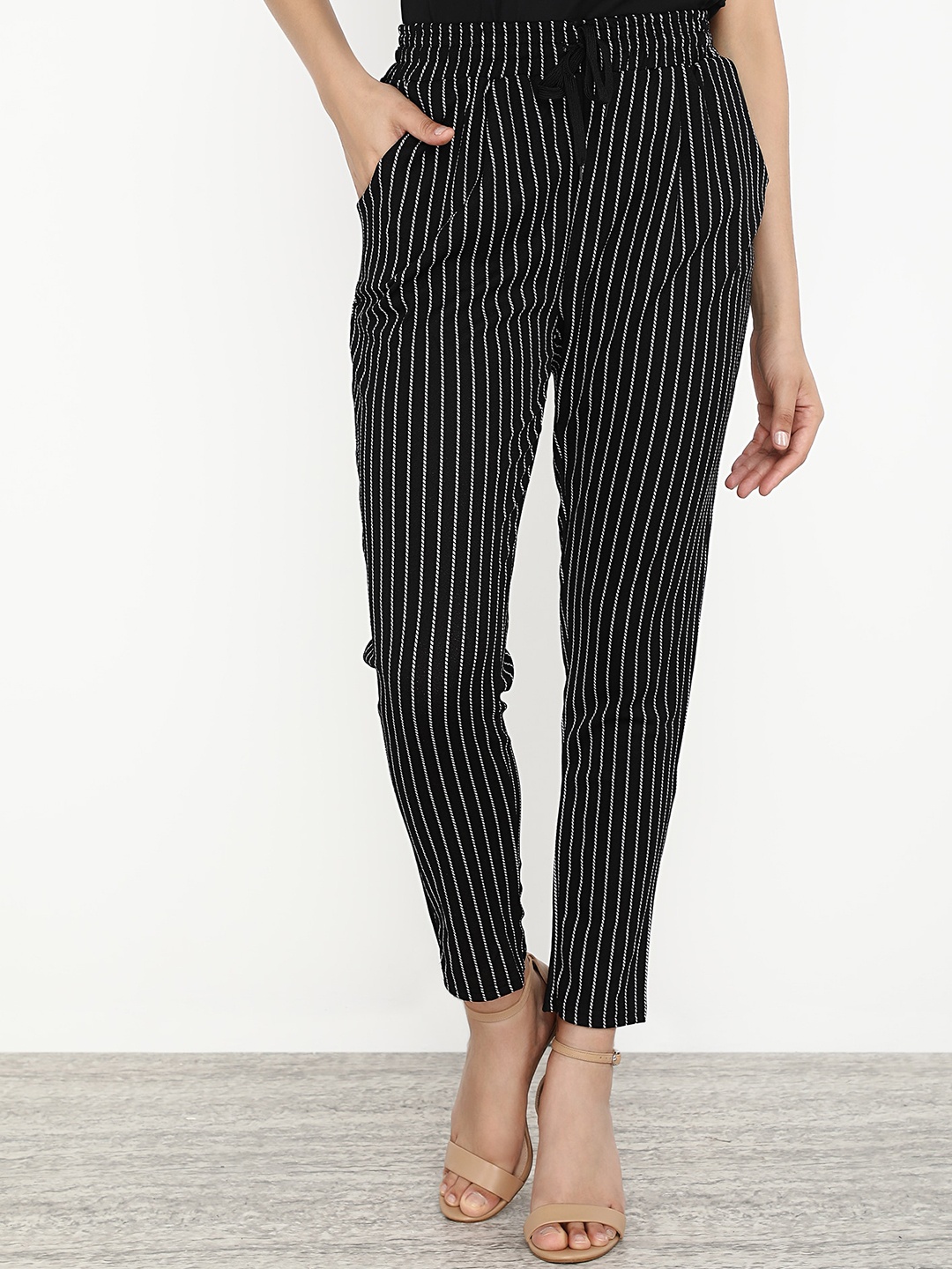 

LULU & SKY Women Striped Cigarette Trousers, Black