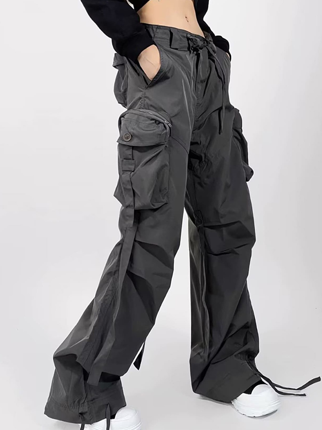 

LULU & SKY Women Straight Fit Low-Rise Cargo Trousers, Grey