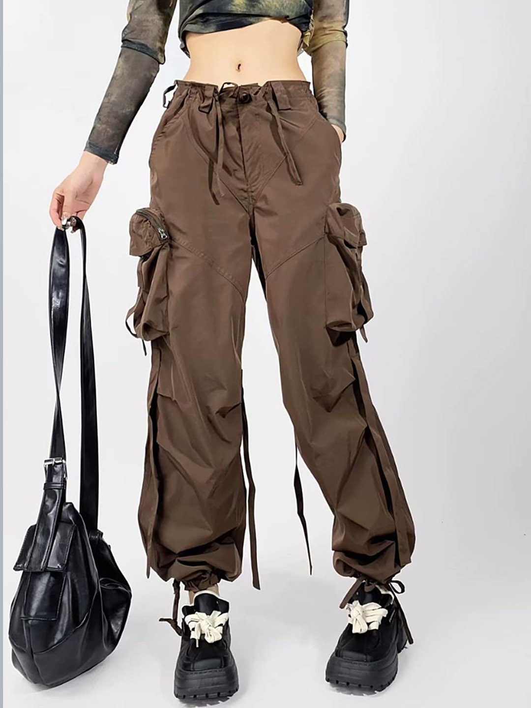 

LULU & SKY Women Straight Fit Low-Rise Cargo Trousers, Coffee brown