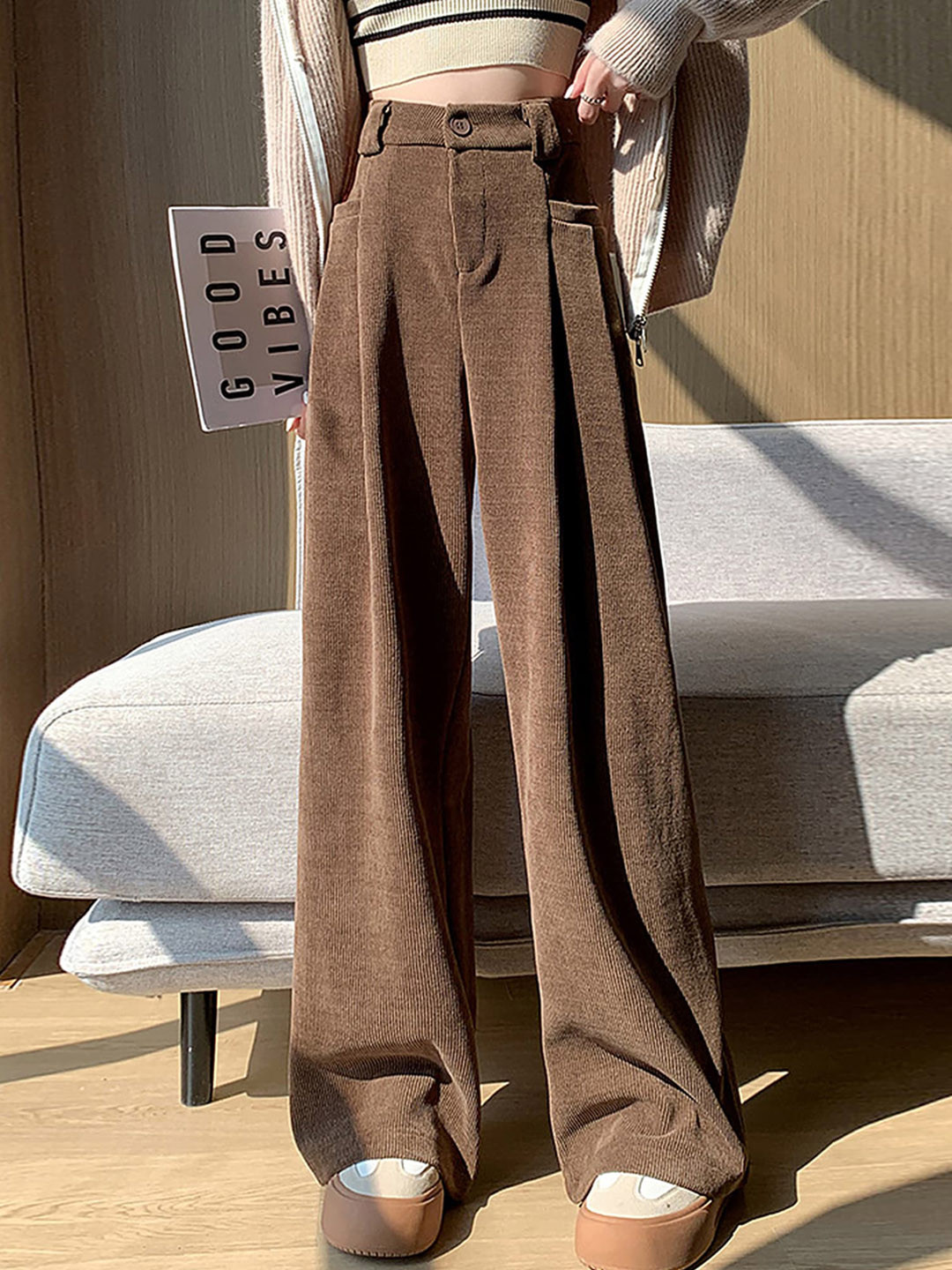 

LULU & SKY Women High-Rise Parallel Trousers, Coffee brown