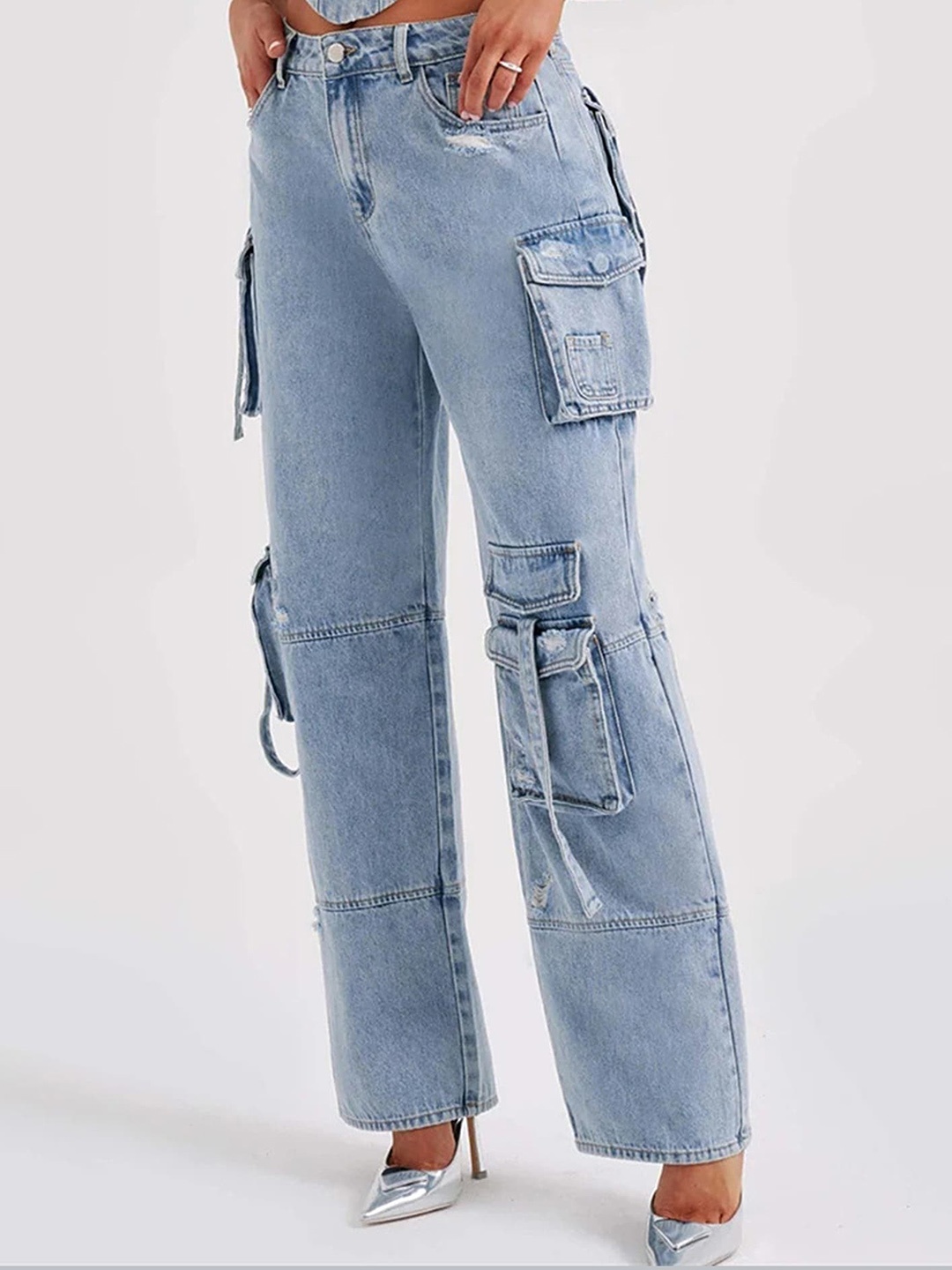 

LULU & SKY Women Straight Fit Low-Rise Cargo Jeans, Blue
