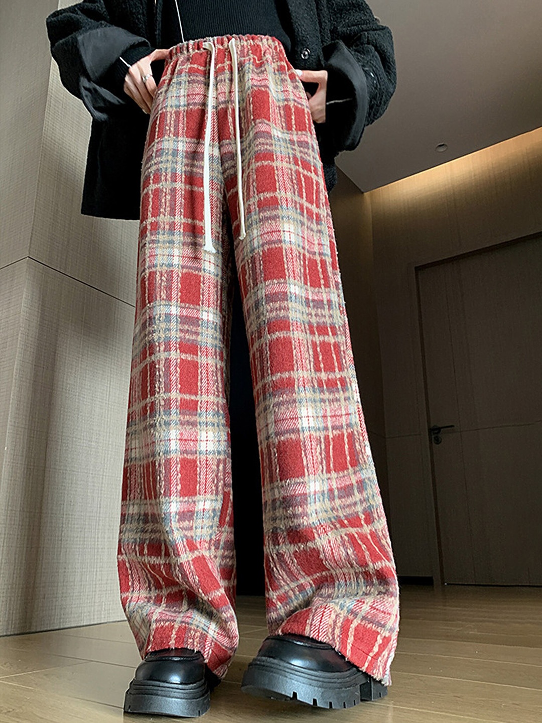 

LULU & SKY Women Checked Loose Fit High-Rise Parallel Trousers Trousers, Red