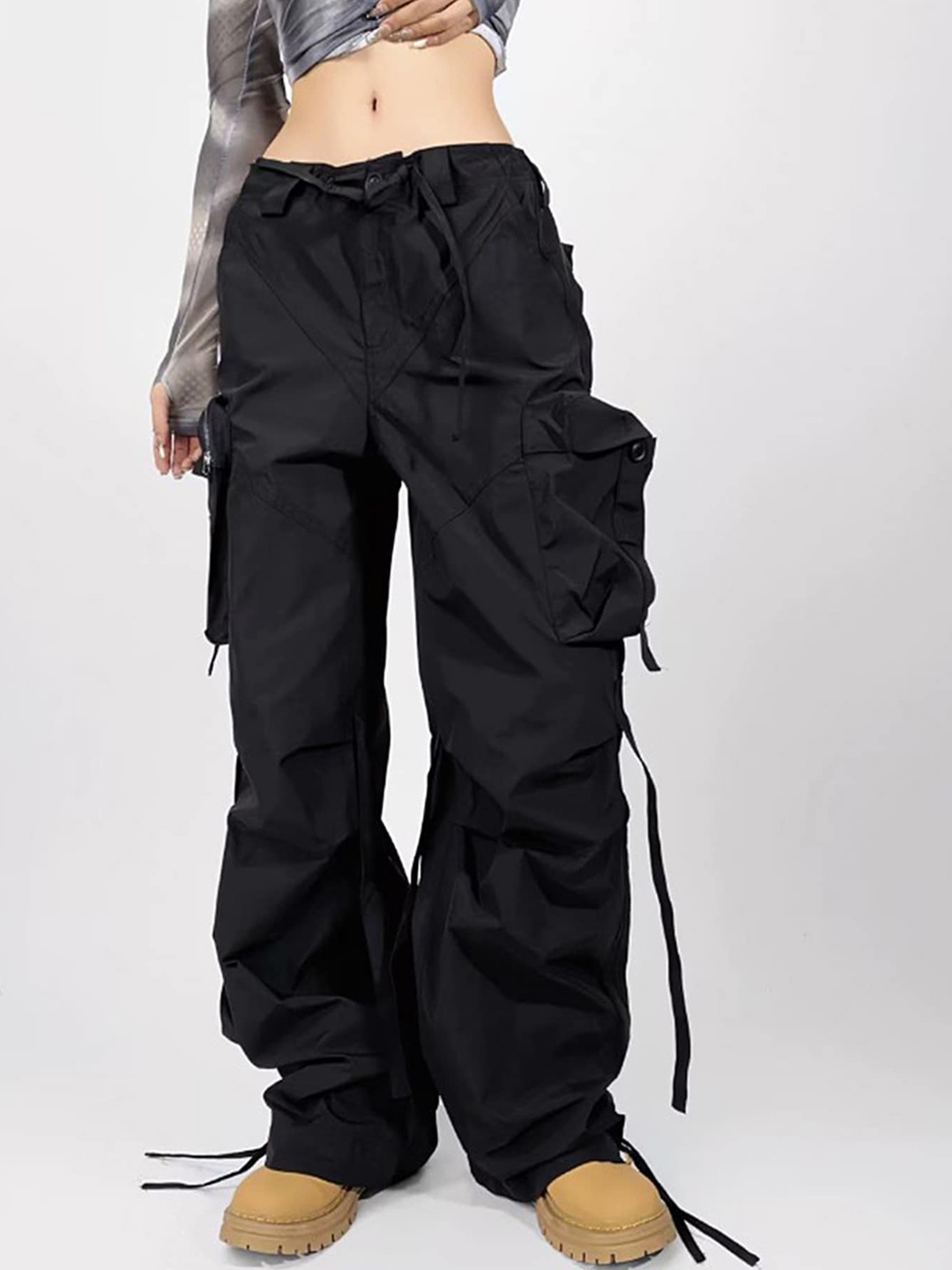 

LULU & SKY Women Loose Fit Low-Rise Cargos Trouser, Black