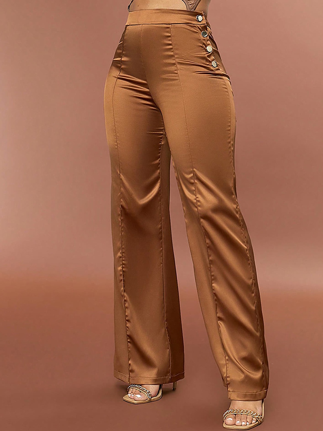 

LULU & SKY Women Flared High-Rise Side Button Parallel Trousers, Brown