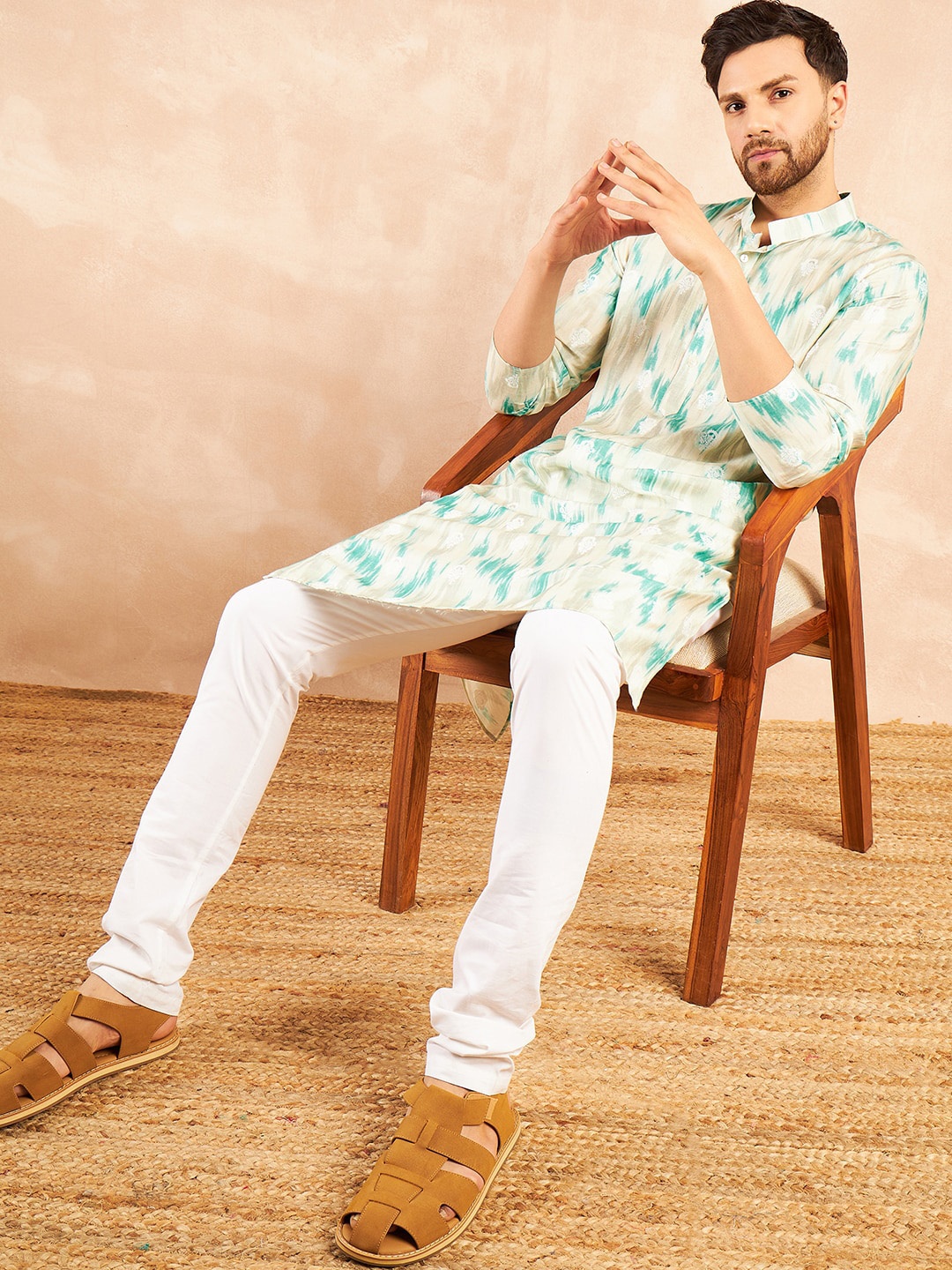 

House of Pataudi Ethnic Motifs Printed Mandarin Collar Jacquard Straight Kurtas, Turquoise blue