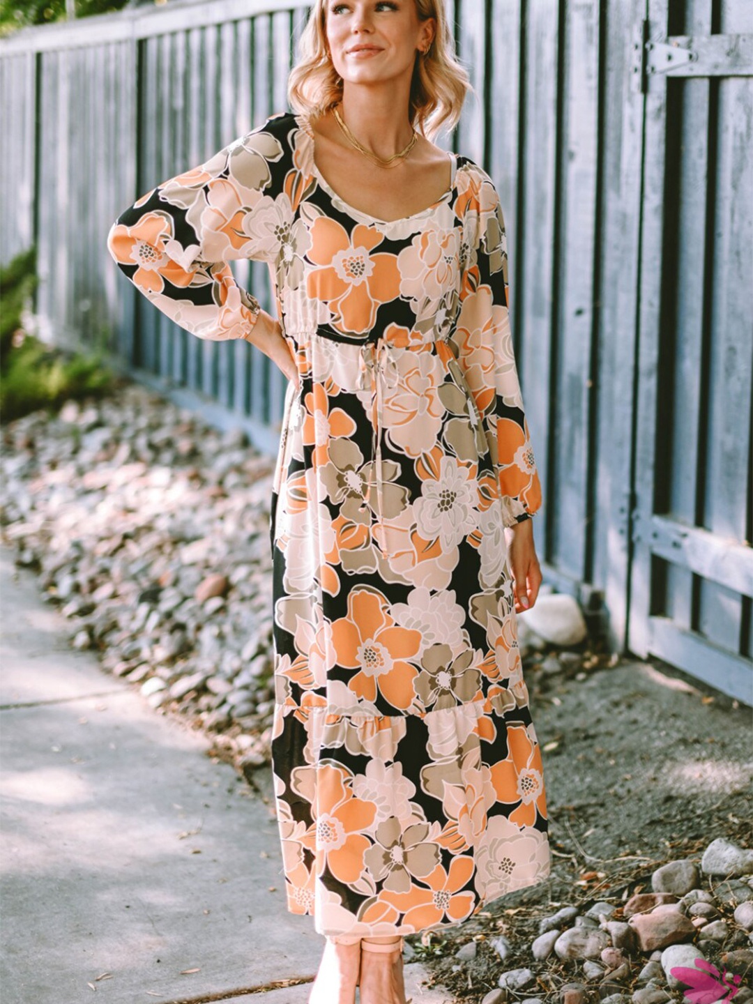 

StyleCast Gold-Toned Floral Printed V-Neck Puff Sleeve A-Line Dress