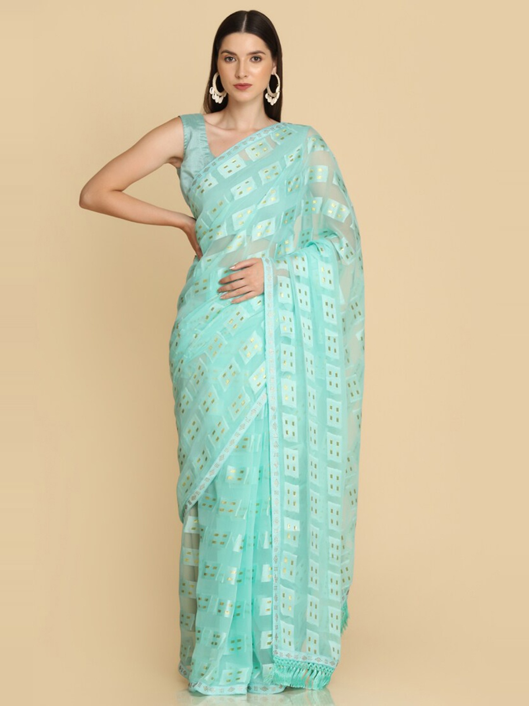 

ASISA Geometric Woven Design Saree, Turquoise blue