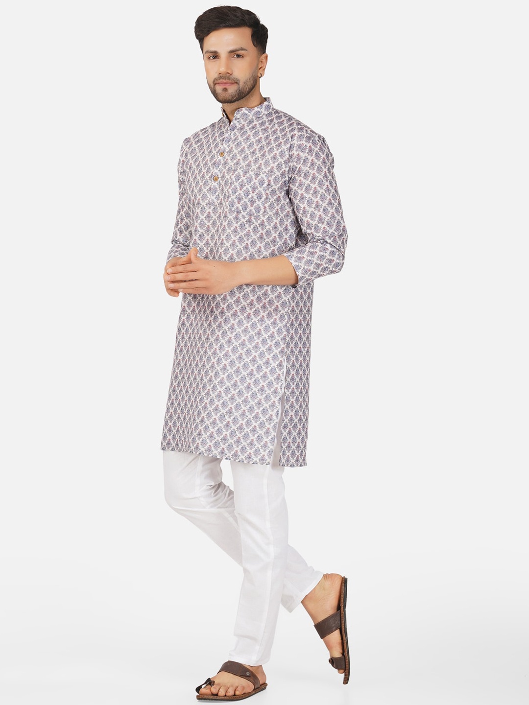 

BASE 41 Ethnic Motifs Printed Mandarin Collar Long Sleeves Regular Kurta With Pyjamas, Grey