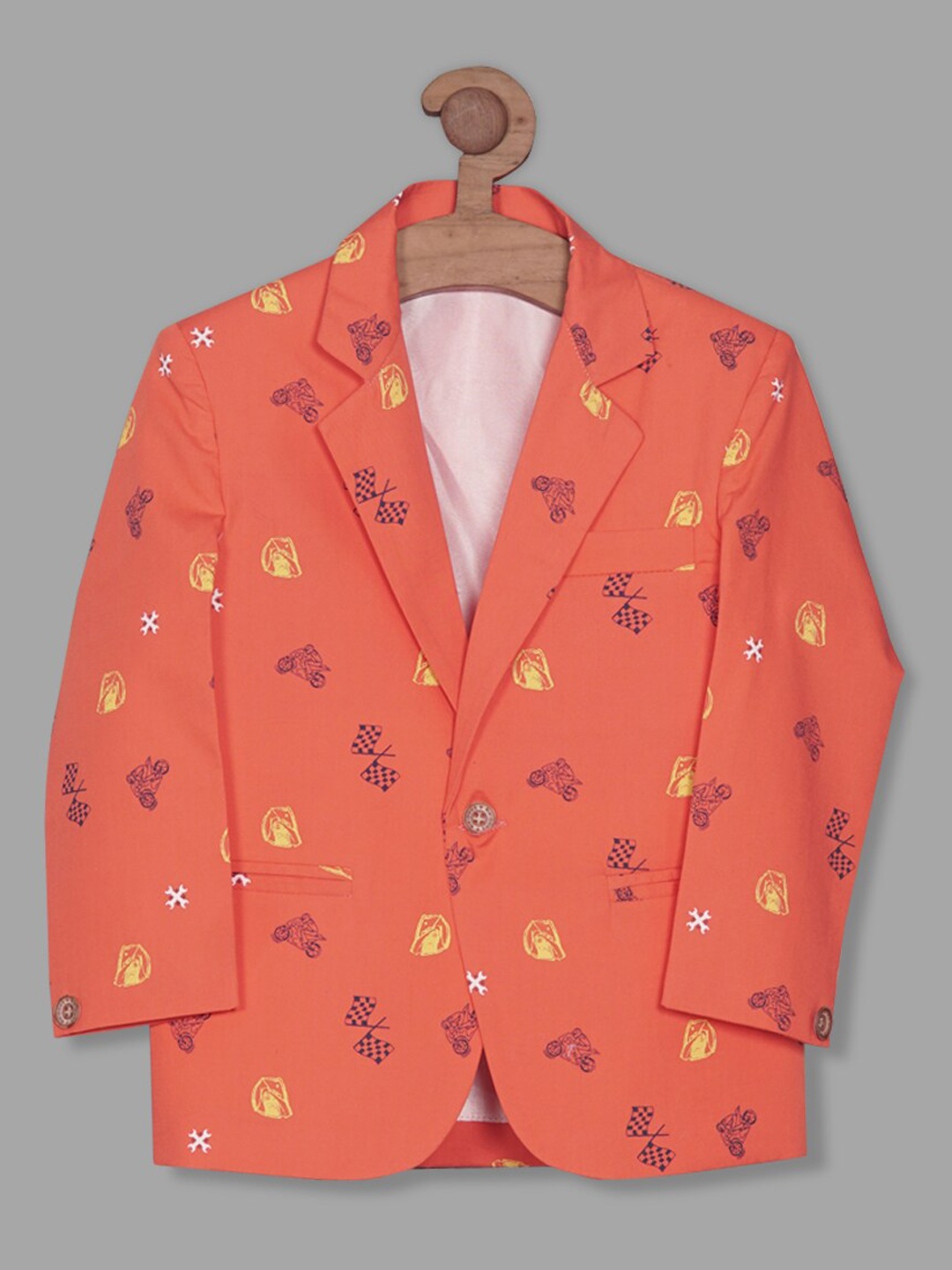 

RIKIDOOS Boys Printed Tailored Fit Cotton Single-Breasted Blazers, Orange