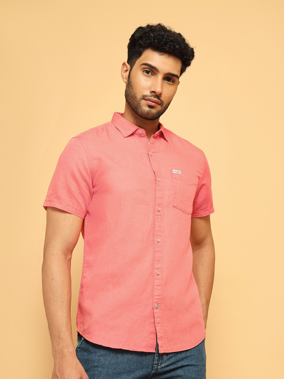 

Wrangler Spread Collar Cotton & Linen Casual Shirt, Coral