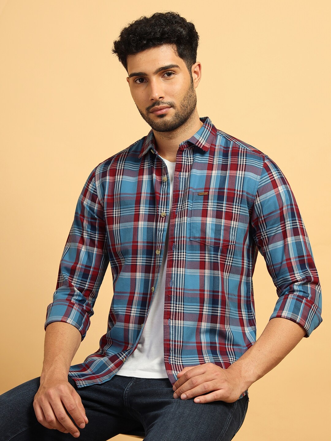 

Wrangler Regular Fit Tartan Checked Pure Cotton Casual Shirt, Blue