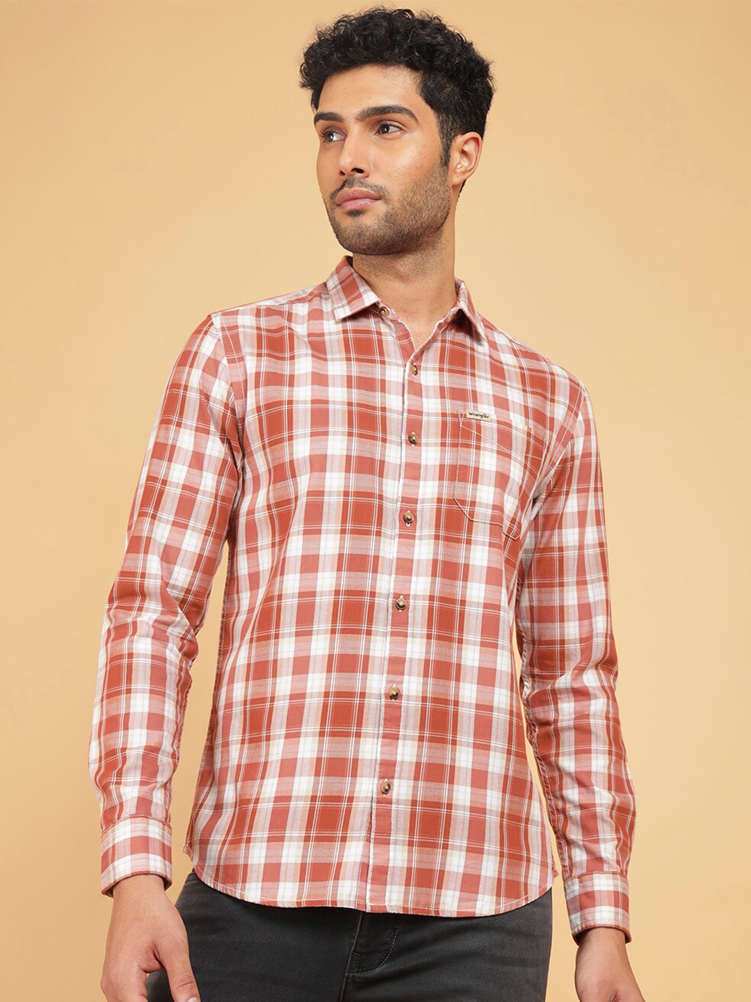 

Wrangler Regular Fit Tartan Checked Twill Weave Pure Cotton Casual Shirt, Red