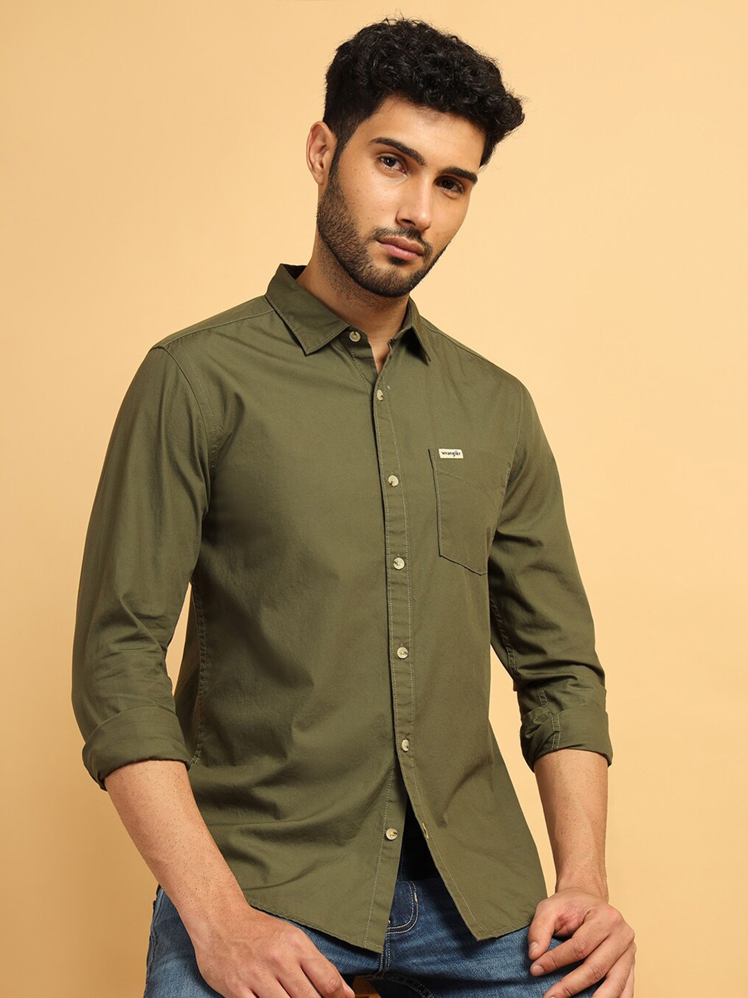 

Wrangler Regular Fit Long Sleeves Pure Cotton Casual Shirt, Green