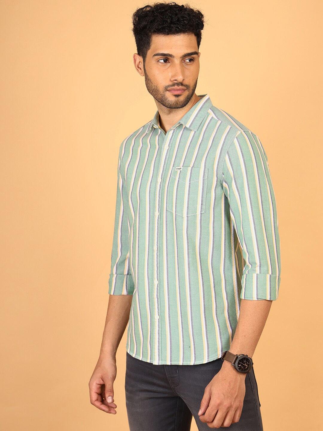 

Wrangler Regular Fit Vertical Striped Oxford Weave Pure Cotton Casual Shirt, Green