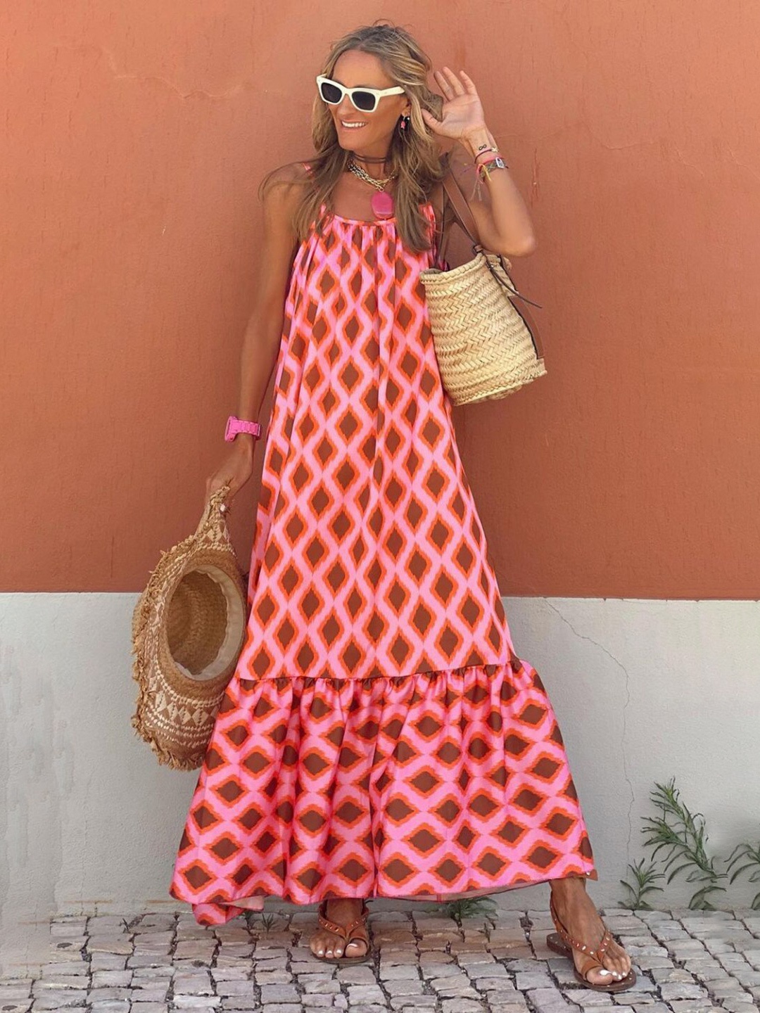

StyleCast Pink Geometric Printed A-Line Maxi Dress