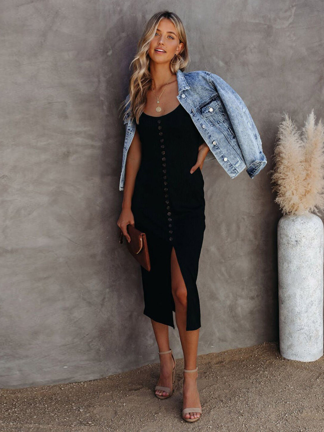 

StyleCast Black Ribbed Shoulder Straps Acrylic Bodycon Midi Dress