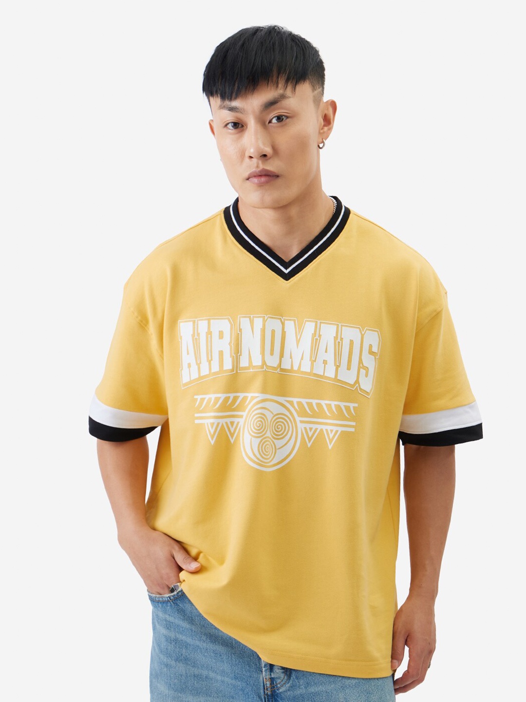

The Souled Store Printed V-Neck Pure Cotton Oversized T-shirt, Yellow