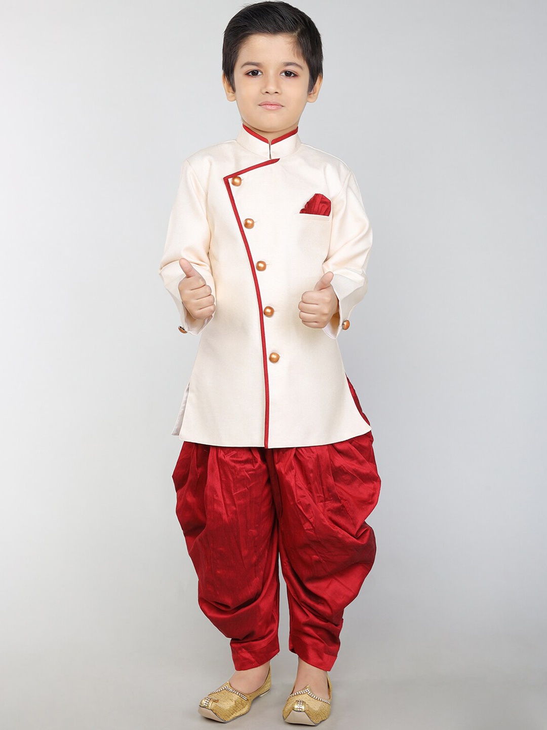 

BAESD Boys Mandarin Collar Long Sleeves Angrakha Kurta With Dhoti Pants, Beige