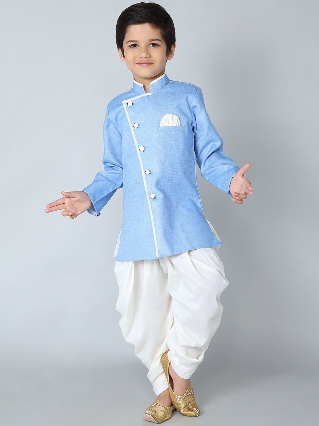 

BAESD Boys Mandarin Collar Long Sleeves Regular Kurta With Dhoti Pants, Blue