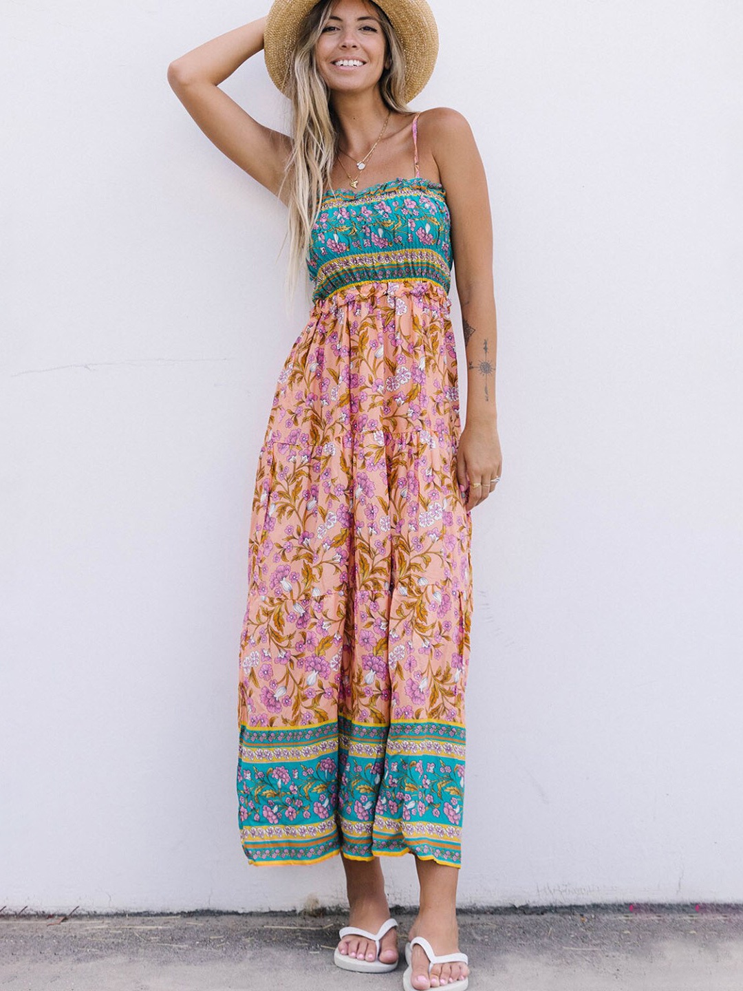 

StyleCast Orange Floral Printed Smocked Maxi Dress